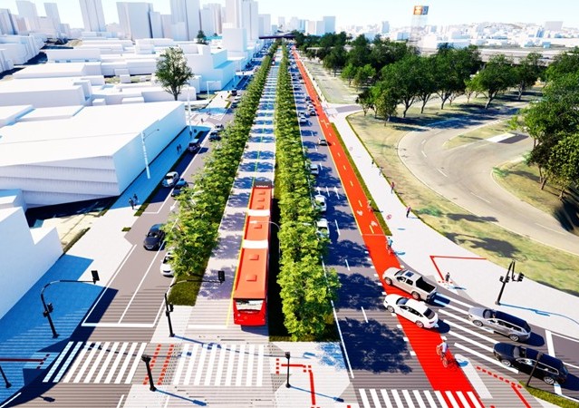 Perspectiva gráfica do Eixo BRT Leste-Oeste de Curitiba, em trecho da Avenida Affonso Camargo